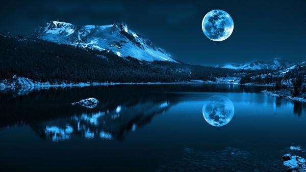 Красивая луна, красивая гора, красивая ночь, красивое озеро